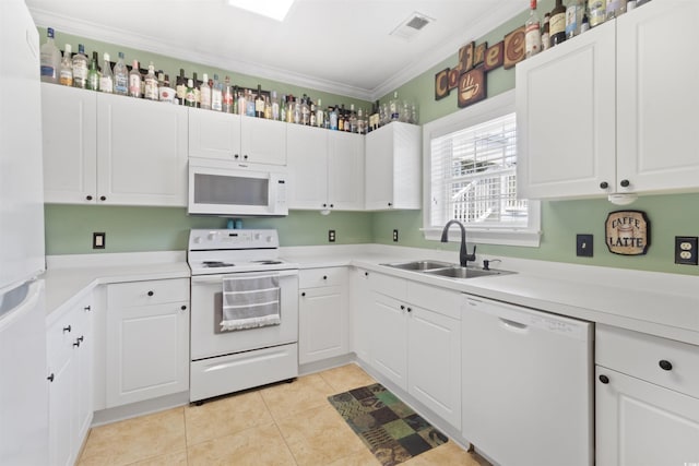 5825 Catalina Dr Unit 124, North Myrtle Beach, SC 29582 - kitchen with white appliances, a sink, ornamental molding, white cabinets, and light countertops