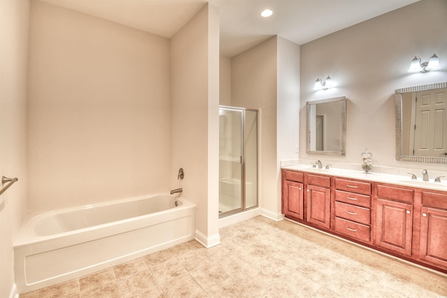 750 Shine Ave Unit 750, Myrtle Beach, SC 29577 - full bathroom with a bath, a shower stall, double vanity, tile patterned floors, and baseboards
