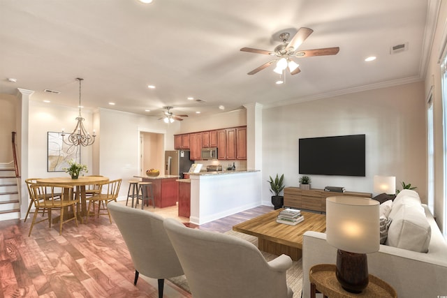 750 Shine Ave Unit 750, Myrtle Beach, SC 29577 - living area featuring ceiling fan, recessed lighting, light wood-style flooring, crown molding, and stairway