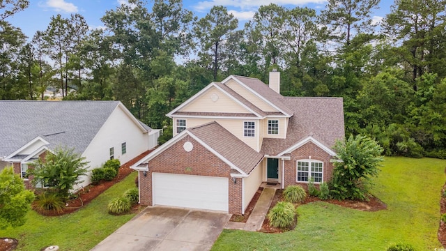 1033 Mccall Loop, Conway, SC 29526 - traditional-style home with brick siding, a garage, a front yard, concrete driveway, and a chimney