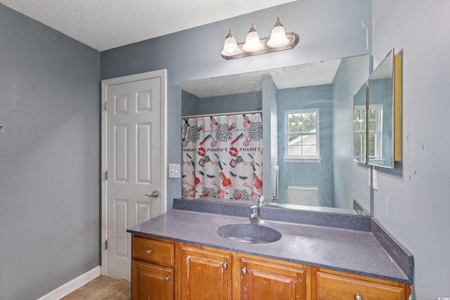 1033 Mccall Loop, Conway, SC 29526 - bathroom featuring vanity, toilet, a textured ceiling, baseboards, and a shower with curtain