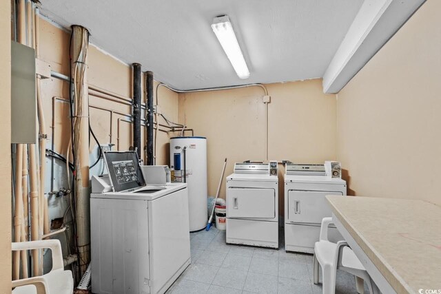 1210 N Waccamaw Dr Unit 1105, Murrells Inlet, SC 29576 - laundry area with washer and dryer, electric water heater, and light tile patterned floors