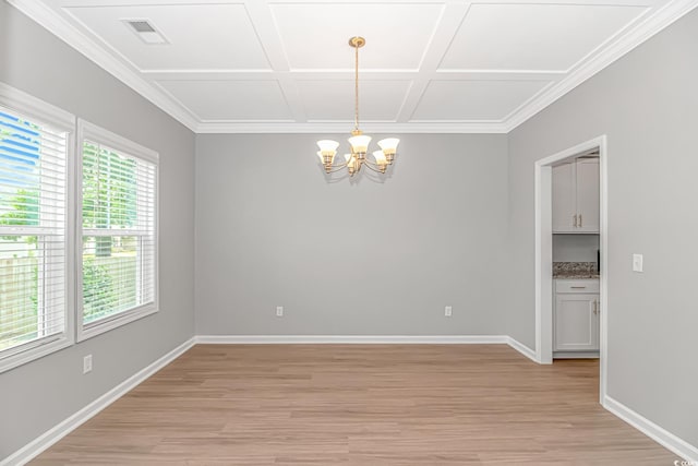 3539 Harrelson Ave, Loris, SC 29569 - spare room featuring a chandelier, light wood-style flooring, baseboards, ornamental molding, and coffered ceiling