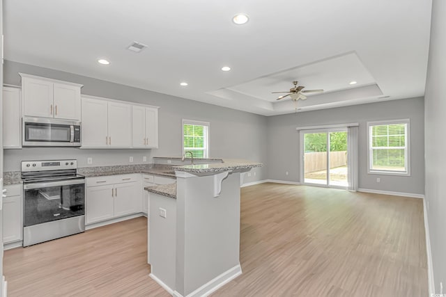 3539 Harrelson Ave, Loris, SC 29569 - kitchen featuring stainless steel appliances, a raised ceiling, a peninsula, open floor plan, and a breakfast bar