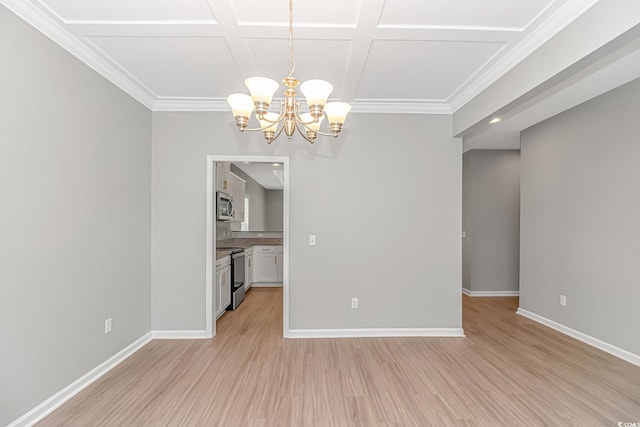 3539 Harrelson Ave, Loris, SC 29569 - spare room featuring a chandelier, light wood-type flooring, baseboards, coffered ceiling, and ornamental molding