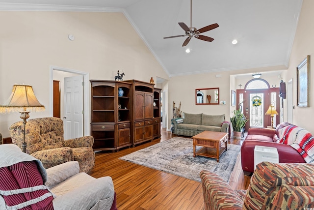 2567 Lake Vista Dr, Little River, SC 29566 - living room featuring high vaulted ceiling, ceiling fan, and wood finished floors
