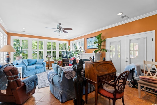 2567 Lake Vista Dr, Little River, SC 29566 - living room with ornamental molding, a ceiling fan, light tile patterned floors, recessed lighting, and french doors