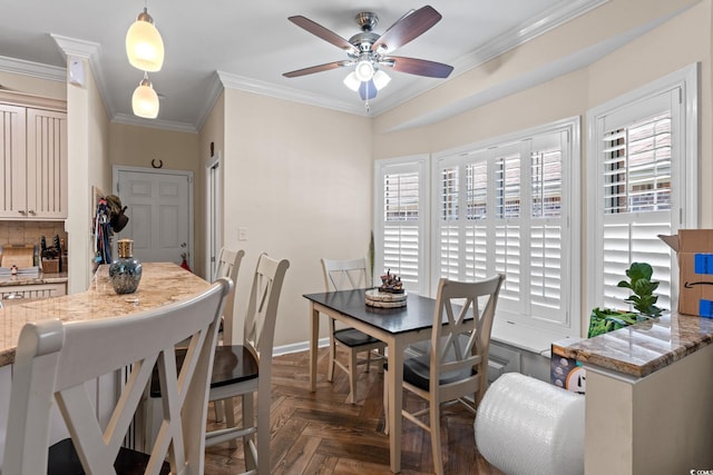 2567 Lake Vista Dr, Little River, SC 29566 - dining space with ceiling fan, healthy amount of natural light, ornamental molding, and baseboards