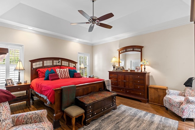 2567 Lake Vista Dr, Little River, SC 29566 - bedroom with hardwood / wood-style floors, ornamental molding, a raised ceiling, recessed lighting, and a ceiling fan