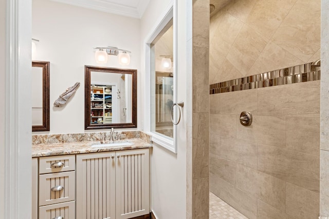 2567 Lake Vista Dr, Little River, SC 29566 - bathroom with a walk in shower, vanity, and crown molding