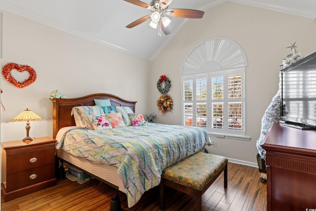 2567 Lake Vista Dr, Little River, SC 29566 - bedroom featuring vaulted ceiling, wood finished floors, baseboards, ornamental molding, and a ceiling fan