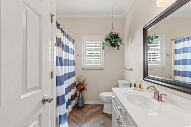 2567 Lake Vista Dr, Little River, SC 29566 - full bath featuring ornamental molding, toilet, vanity, a shower with curtain, and baseboards