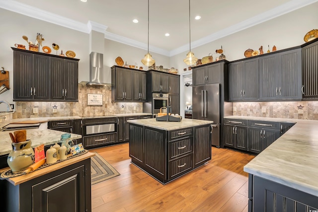 81 Cascade Dr, Murrells Inlet, SC 29576 - kitchen featuring wall chimney range hood, a sink, appliances with stainless steel finishes, ornamental molding, and backsplash