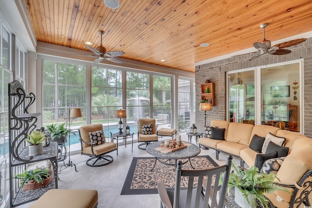 81 Cascade Dr, Murrells Inlet, SC 29576 - sunroom featuring wood ceiling, brick wall, and tile patterned floors