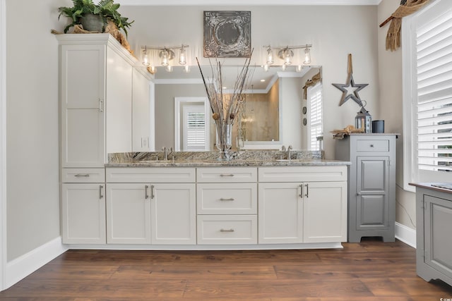 81 Cascade Dr, Murrells Inlet, SC 29576 - bathroom featuring double vanity, crown molding, baseboards, plenty of natural light, and wood finished floors