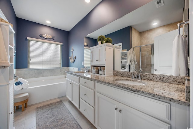 2300 Lark Sparrow St, Myrtle Beach, SC 29577 - bathroom with a stall shower, double vanity, a garden tub, tile patterned flooring, and recessed lighting