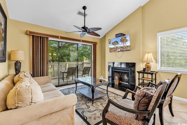 201 Westleton Dr Unit 10-I, Myrtle Beach, SC 29572 - living room featuring ceiling fan, vaulted ceiling, a fireplace, and baseboards