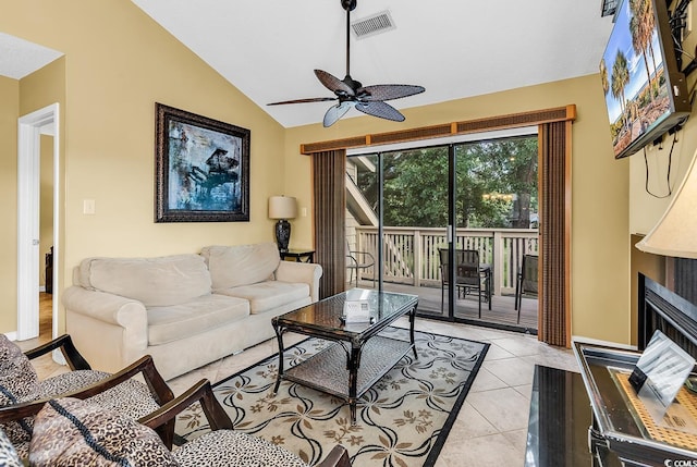 201 Westleton Dr Unit 10-I, Myrtle Beach, SC 29572 - living area with vaulted ceiling, ceiling fan, light tile patterned floors, and a fireplace