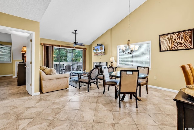 201 Westleton Dr Unit 10-I, Myrtle Beach, SC 29572 - dining area featuring a ceiling fan, high vaulted ceiling, baseboards, and a chandelier