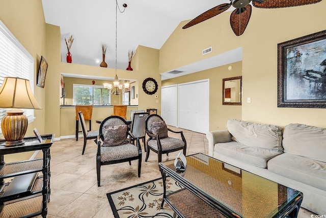 201 Westleton Dr Unit 10-I, Myrtle Beach, SC 29572 - living room featuring a chandelier, high vaulted ceiling, a ceiling fan, baseboards, and light tile patterned floors