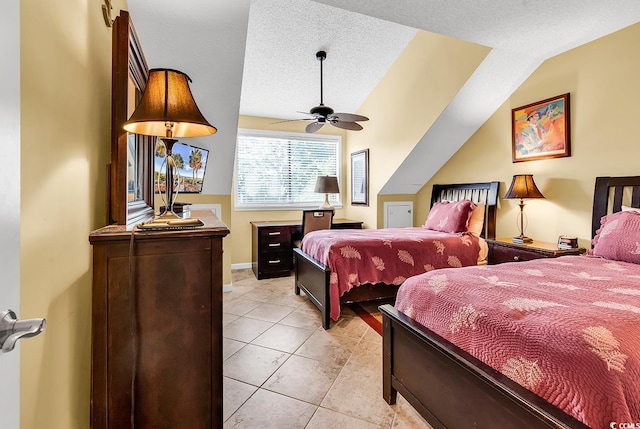 201 Westleton Dr Unit 10-I, Myrtle Beach, SC 29572 - bedroom featuring light tile patterned floors, vaulted ceiling, ceiling fan, and a textured ceiling