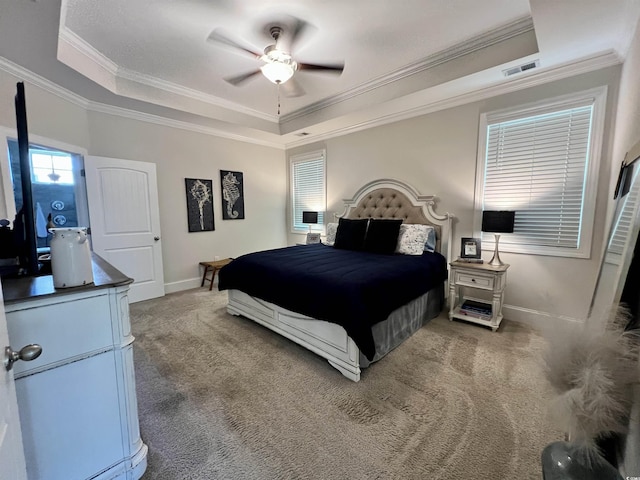 200 Ponte Vedra Dr, Murrells Inlet, SC 29576 - bedroom with a raised ceiling, carpet floors, crown molding, baseboards, and ceiling fan