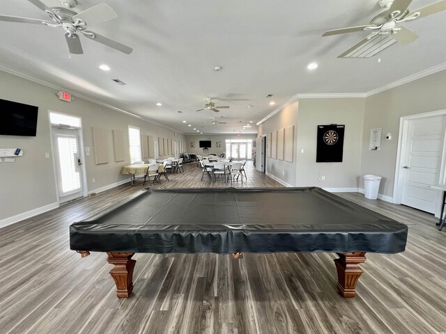 200 Ponte Vedra Dr, Murrells Inlet, SC 29576 - playroom featuring ceiling fan, billiards table, ornamental molding, wood finished floors, and recessed lighting