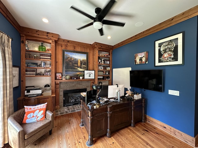2382 Waverly Rd, Pawleys Island, SC 29585 - office area with ceiling fan, built in features, baseboards, hardwood / wood-style floors, and a fireplace with raised hearth