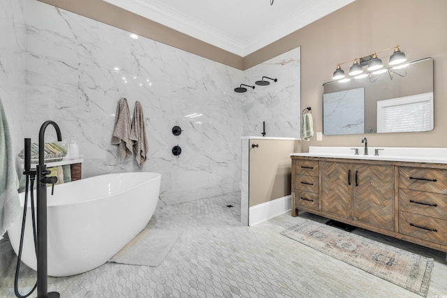 2382 Waverly Rd, Pawleys Island, SC 29585 - full bathroom with a marble finish shower, a soaking tub, vanity, and ornamental molding