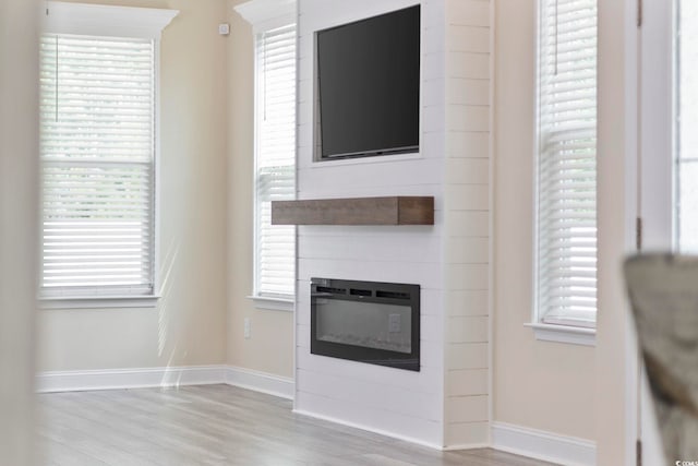 2475 Blue Crane Cir Unit 106, Myrtle Beach, SC 29577 - unfurnished living room featuring wood finished floors, a large fireplace, baseboards, and healthy amount of natural light