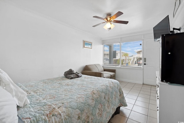 5409 N Ocean Blvd Unit 106/7 108, North Myrtle Beach, SC 29582 - bedroom with light tile patterned flooring, ornamental molding, a ceiling fan, and baseboards
