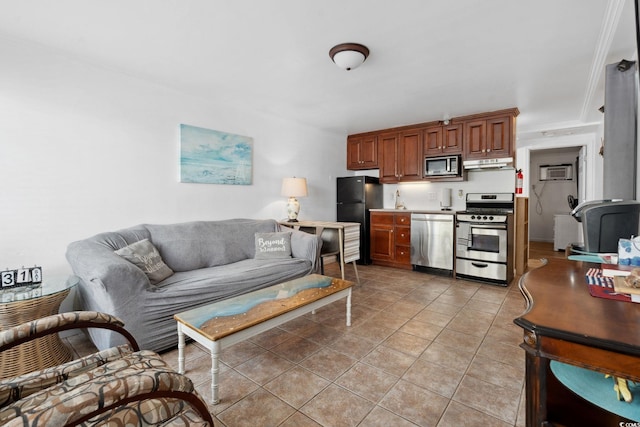 5409 N Ocean Blvd Unit 106/7 108, North Myrtle Beach, SC 29582 - living area with crown molding and light tile patterned flooring