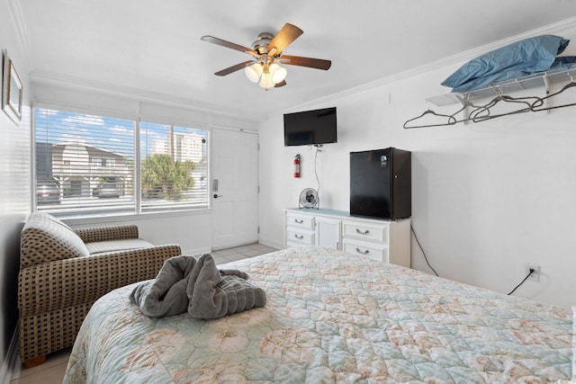 5409 N Ocean Blvd Unit 106/7 108, North Myrtle Beach, SC 29582 - bedroom with light tile patterned floors, ornamental molding, and a ceiling fan