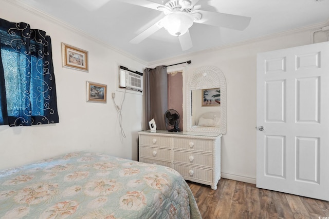 5409 N Ocean Blvd Unit 106/7 108, North Myrtle Beach, SC 29582 - bedroom with wood finished floors, ornamental molding, a wall mounted air conditioner, and a ceiling fan