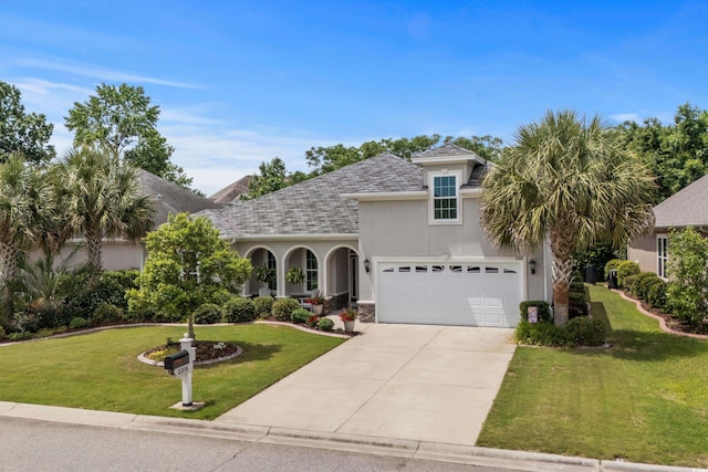 2318 Via Palma Dr, North Myrtle Beach, SC 29582 - view of front of property featuring stucco siding, concrete driveway, a front lawn, and roof with shingles