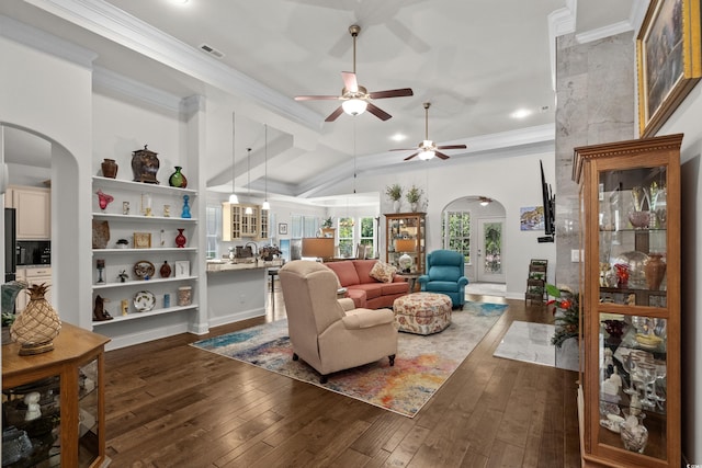 2318 Via Palma Dr, North Myrtle Beach, SC 29582 - living room with arched walkways, a ceiling fan, hardwood / wood-style floors, recessed lighting, and vaulted ceiling