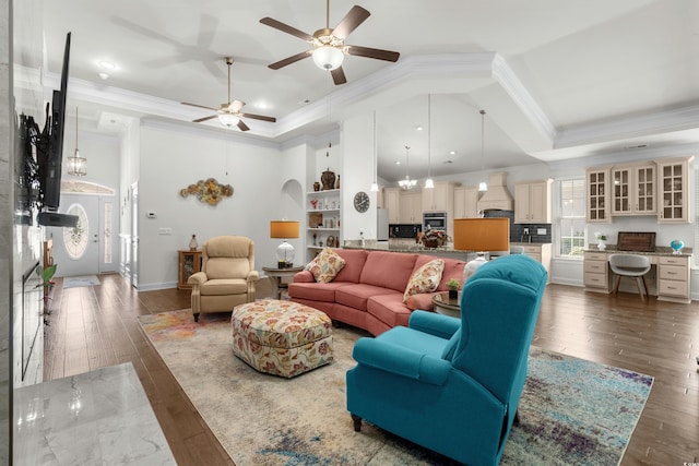 2318 Via Palma Dr, North Myrtle Beach, SC 29582 - living area with a tray ceiling, crown molding, hardwood / wood-style floors, a ceiling fan, and recessed lighting