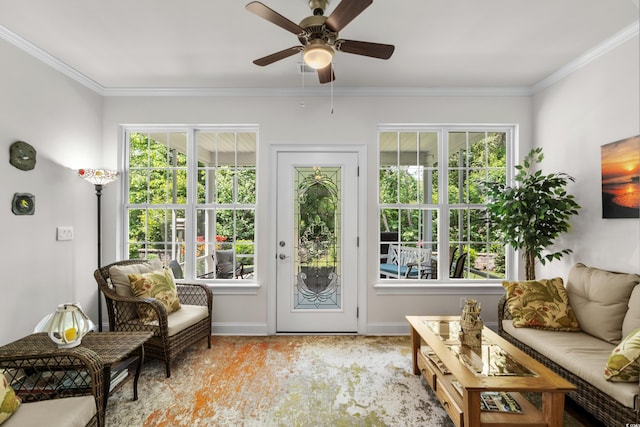 2318 Via Palma Dr, North Myrtle Beach, SC 29582 - doorway featuring baseboards, a ceiling fan, and ornamental molding
