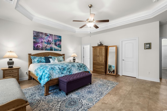 2318 Via Palma Dr, North Myrtle Beach, SC 29582 - bedroom with a raised ceiling, crown molding, baseboards, and ceiling fan