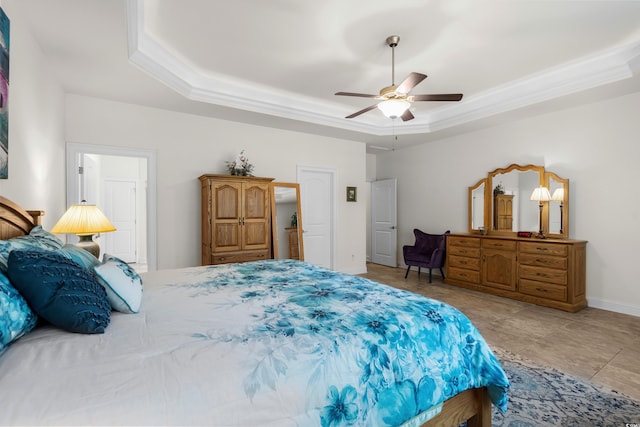 2318 Via Palma Dr, North Myrtle Beach, SC 29582 - bedroom with a raised ceiling, ornamental molding, ceiling fan, and baseboards
