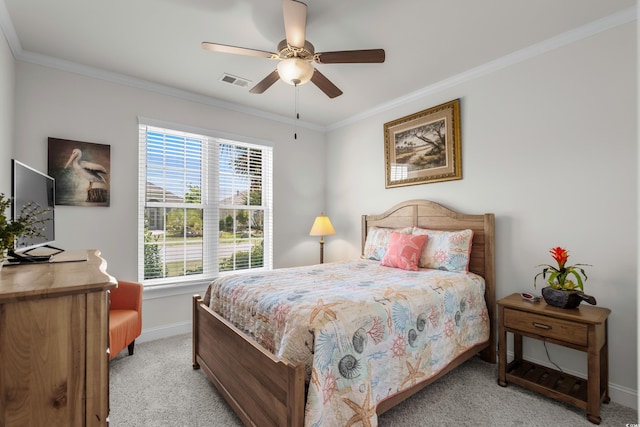 2318 Via Palma Dr, North Myrtle Beach, SC 29582 - bedroom featuring light carpet, baseboards, ornamental molding, and a ceiling fan
