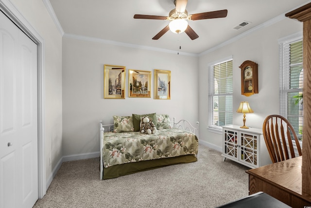 2318 Via Palma Dr, North Myrtle Beach, SC 29582 - carpeted bedroom featuring ornamental molding, baseboards, a closet, and ceiling fan
