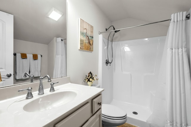 2318 Via Palma Dr, North Myrtle Beach, SC 29582 - full bathroom with lofted ceiling, vanity, toilet, and a shower with curtain