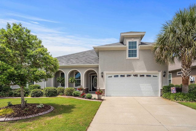 2318 Via Palma Dr, North Myrtle Beach, SC 29582 - view of front of house featuring concrete driveway, stucco siding, a front lawn, and a garage