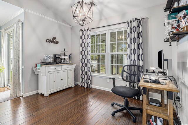 7007 Blade Beak Ln, Myrtle Beach, SC 29588 - office with dark wood-style floors, a chandelier, baseboards, lofted ceiling, and ornamental molding