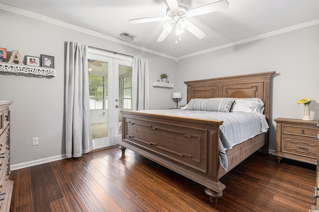 7007 Blade Beak Ln, Myrtle Beach, SC 29588 - bedroom with access to exterior, dark wood-style floors, baseboards, crown molding, and ceiling fan