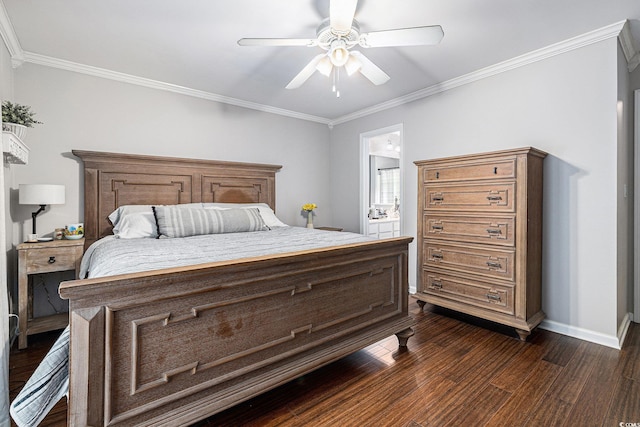 7007 Blade Beak Ln, Myrtle Beach, SC 29588 - bedroom with dark wood-style floors, crown molding, baseboards, a ceiling fan, and connected bathroom