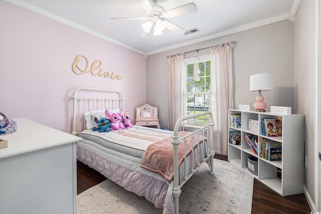 7007 Blade Beak Ln, Myrtle Beach, SC 29588 - bedroom featuring ornamental molding, wood finished floors, and a ceiling fan