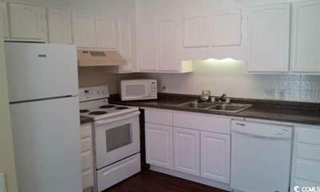 411 Cambridge Cir Unit D5, Murrells Inlet, SC 29576 - kitchen with white appliances, extractor fan, white cabinetry, a sink, and dark countertops