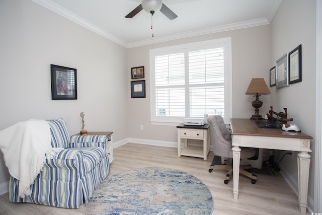 383 Mikita Dr, Surfside Beach, SC 29575 - office space featuring light wood-type flooring, a ceiling fan, ornamental molding, and baseboards